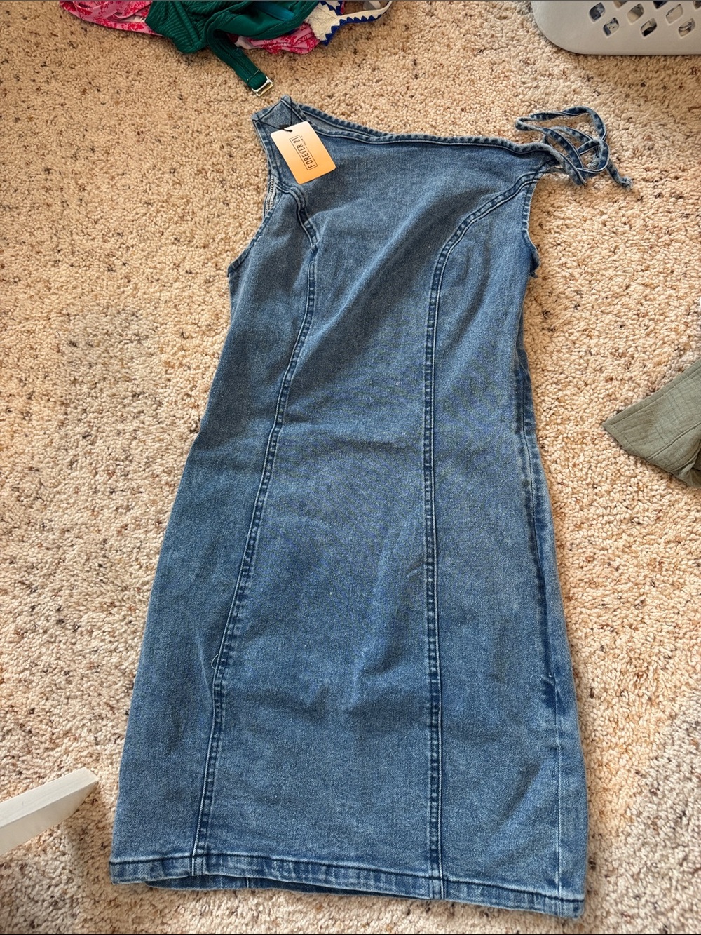 Denim One-Shoulder Tie-Shoulder Dress - Blue